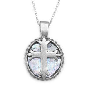 Oval Roman Glass Cross Necklace in Sterling Silver